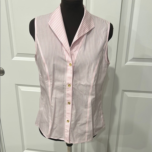 Jones New York Pink White Stripes Non Iron Sleeveless Button Down Shirt Size 10 - Picture 1 of 7